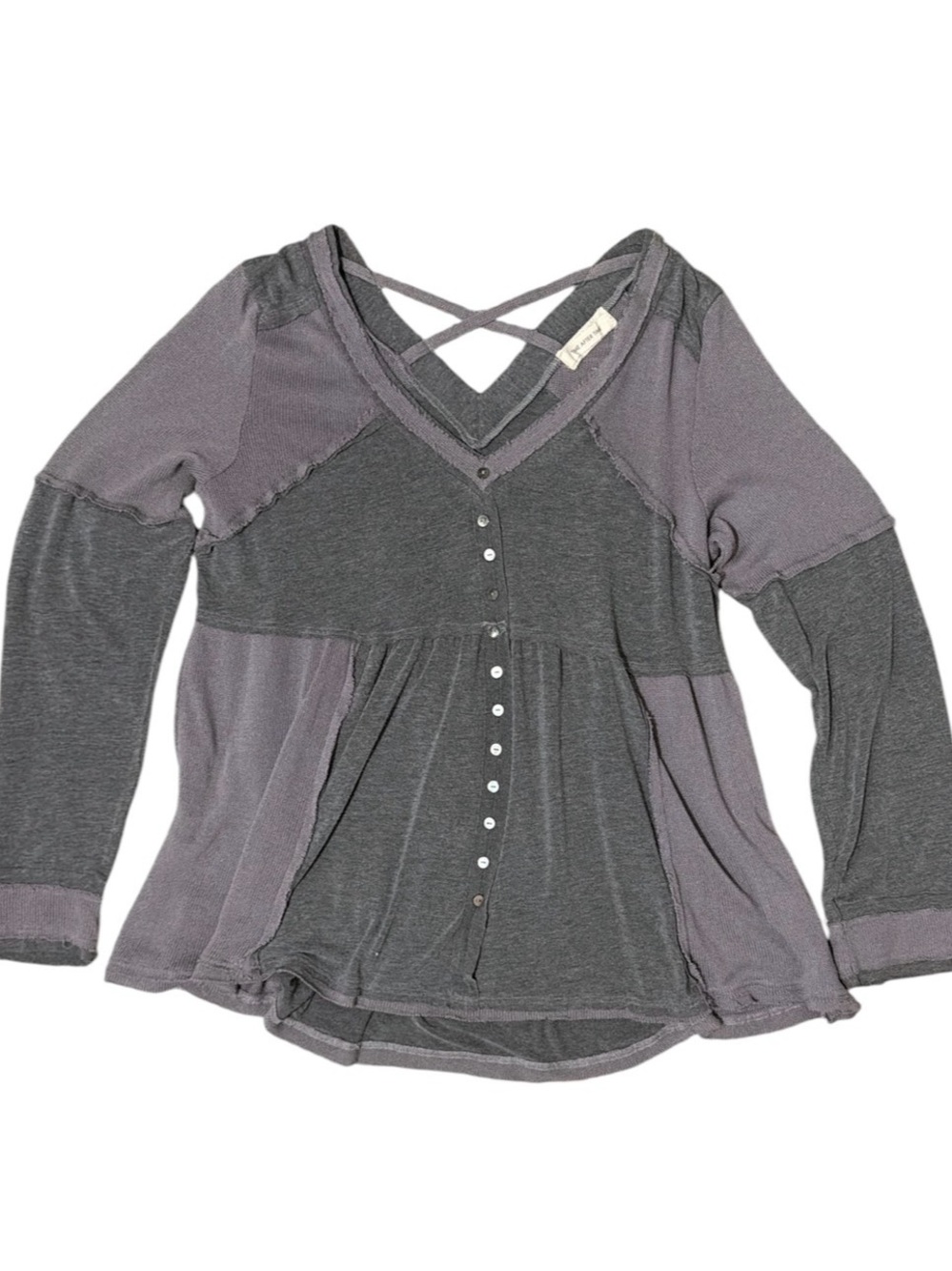 TIME AFTER TIME Women's Crisscross Button-Front Long DistressedSleeve Top - Gray